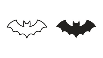Bat Icon Outline and Solid: A simple yet striking graphic featuring two bat silhouettes, one in outline and the other in solid black, perfect for Halloween or any spooky-themed design. © qwe