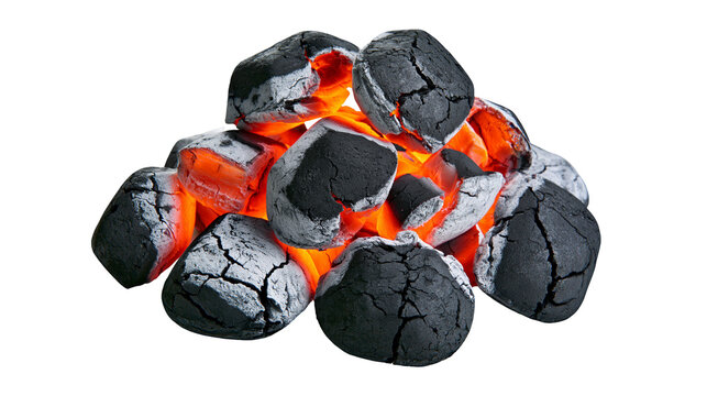 Glowing hot charcoal briquettes with orange embers