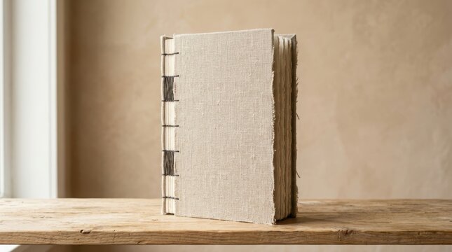 Handmade journal with fabric cover and visible stitching. Vintage notebook with deckle edge paper. Artisan scrapbook for journaling or sketching. Minimalist accessory for creative writing study.