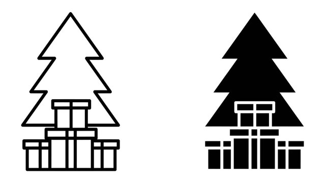 Christmas Tree with Gifts Icon Set: A minimalist depiction of a Christmas tree adorned with stacked gift boxes, presented in both outline and solid black versions.