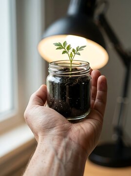 Hand holding a young green sprout in a jar under a lamp