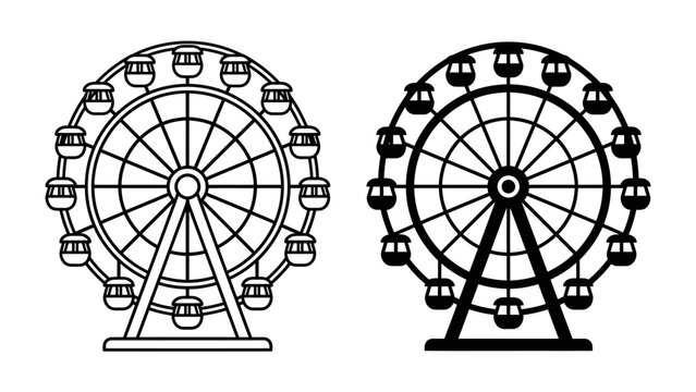 Ferris Wheel Icon Set: Two minimalist line art icons of a Ferris wheel, one outlined and the other filled, presented on a clean background.