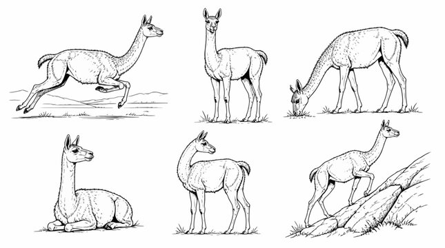 Guanaco poses set, running, grazing, resting, climbing