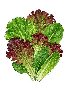 Bunch of fresh green and red lettuce leaves on white background