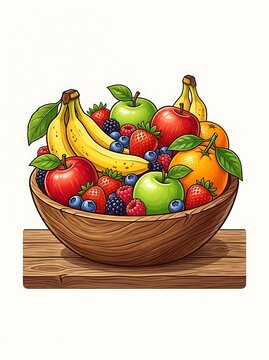 Colorful wooden bowl filled with fresh mixed fruits and berries