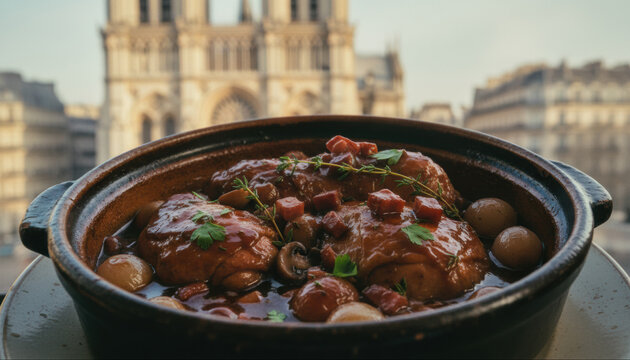 French coq au vin stew with chicken mushrooms and bacon served in rustic ceramic dish with Notre Dame cathedral view in Paris background