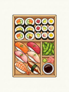 Traditional japanese sushi bento box with nigiri and maki rolls