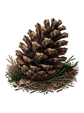 Brown pine cone resting on forest needles and moss