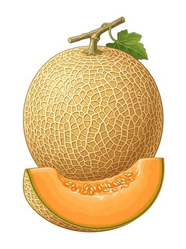 Fresh cantaloupe melon with a juicy slice isolated on white