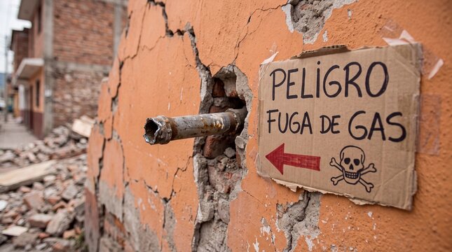 Warning sign on a cracked orange wall with a broken metal pipe indicating a dangerous gas leak in a damaged building structure after a disaster