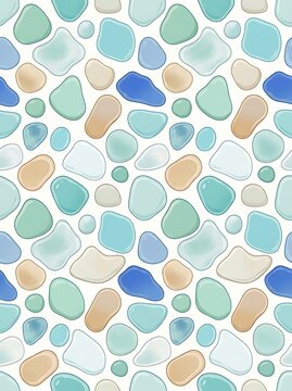 Seamless sea glass pebble pattern in blue and beige tones