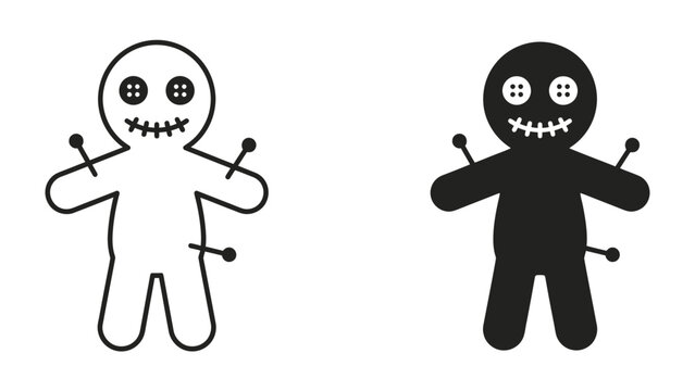 Voodoo Doll Duo: Two stylized voodoo dolls, one outlined and one solid black, are depicted with pins, symbolizing dark magic and folklore.
