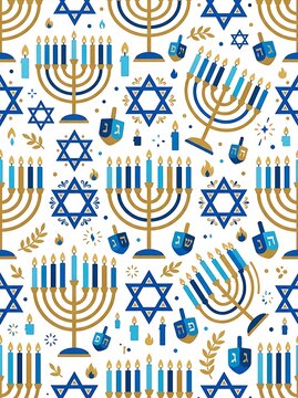 Seamless hanukkah pattern with menorah dreidel and star of david