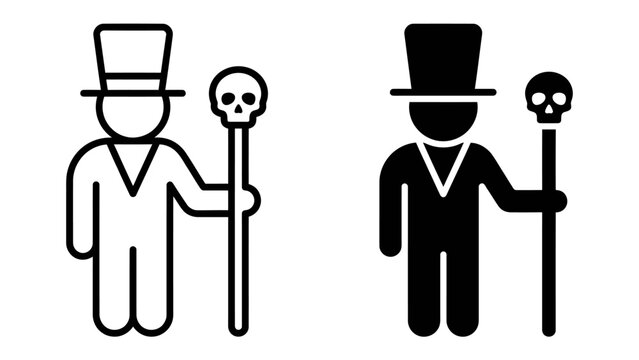 Voodoo Iconography: A stylized representation of a voodoo practitioner, depicted with a top hat and a staff topped with a skull, symbolizing mysticism and dark rituals.