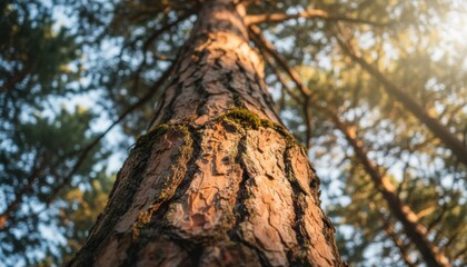 Fototapeta premium Low angle view of a tall pine tree trunk showing textured brown bark illuminated by warm golden hour sunlight filtering through the forest canopy