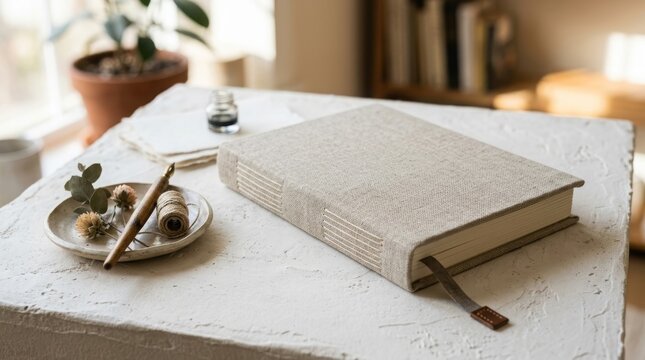 Linen covered notebook laying on a textured white desk. Artisan journal with stitching for writing and sketching. Minimalist stationery for creative work, study, and daily planning.