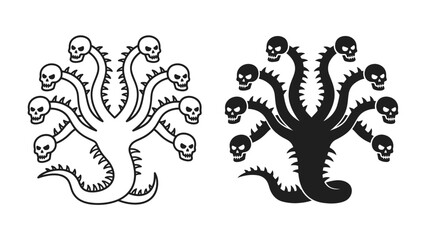 Mythical Hydra with Skulls: A striking depiction of a multi-headed Hydra, with each serpentine head crowned with a skull. © Sara
