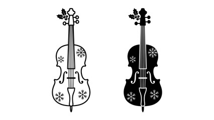 Christmas Violin Duo: A festive black and white illustration showcases two violins adorned with festive holly and snowflake motifs, perfect for holiday-themed musical projects. © mass