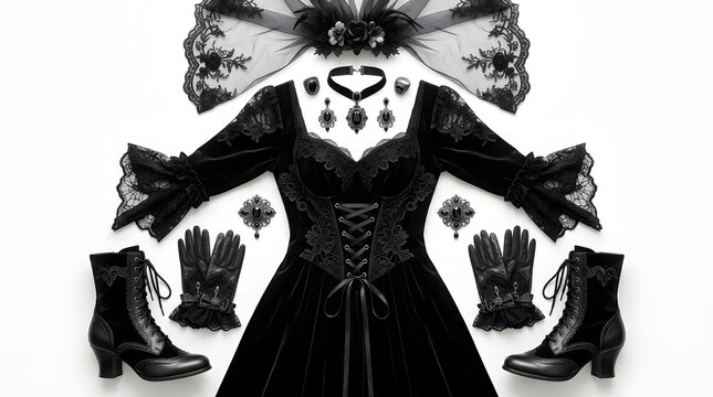 Gothic fashion layflat velvet dress lace sleeves boots and accessories