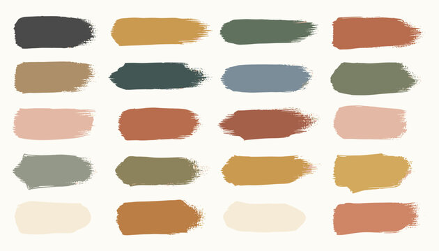 Flat vector illustration of twenty four paint brush strokes in earth and pastel colors arranged in a grid.