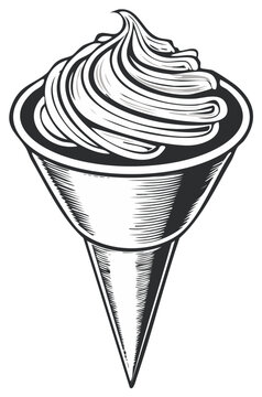 Monochrome vintage style illustration of a soft serve ice cream cone with swirl