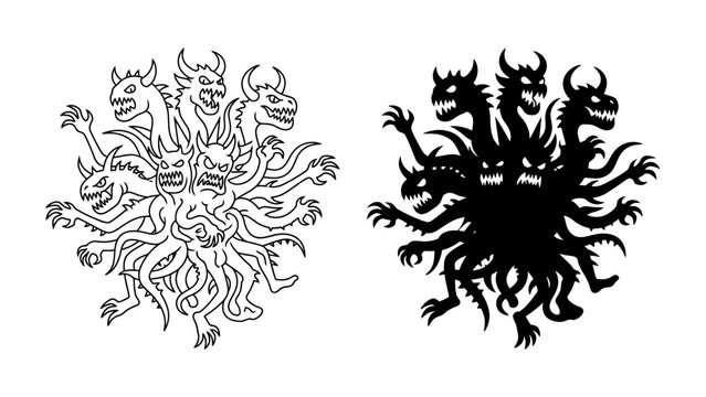 Multi-headed monster, outline and silhouette: A monstrous creature with multiple heads, arms, and tentacles is depicted in both line art and solid silhouette form.