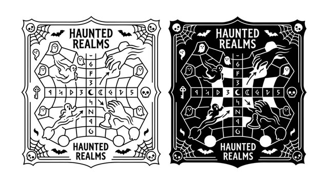 Halloween Board Game Design: A dual design showcases a whimsical Halloween-themed board game titled Haunted Realms, featuring playful ghosts, bats.