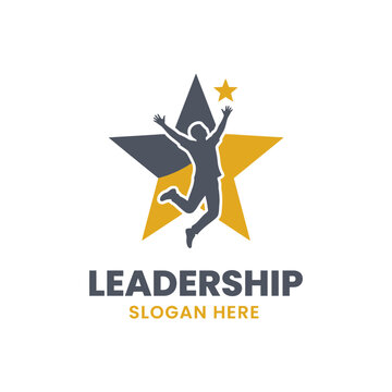 Leadership logo design with jumping person silhouette and star icon