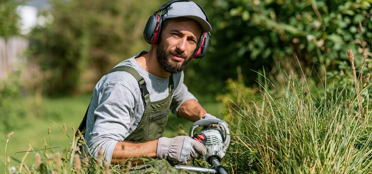 A person wearing safety equipment uses a cordless trimmer to cut tall grass in a bright backyard.
