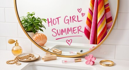 Oto propozycja opisu dla zdjęcia image_4481d1.png, przygotowana zgodnie z wytycznymi Adobe Stock: Tytuł (Title)Hot Girl Summer written on bathroom mirror with accessories