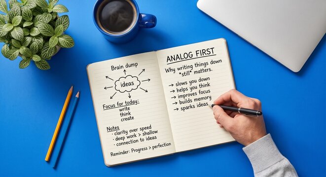 Analog First concept with handwritten notes in a notebook