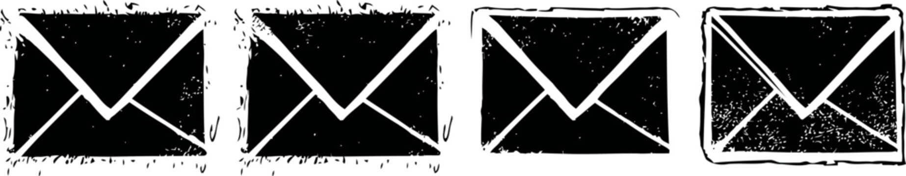 Four black grunge envelope icons with rough textures and distressed edges