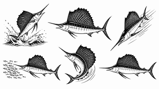Sailfish swimming and jumping set, detailed black and white line art