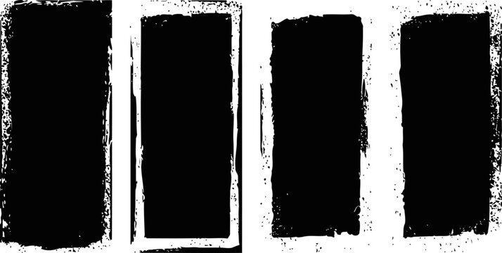 Set of four vertical grunge distressed rectangular frames with rough textured edges in black and white