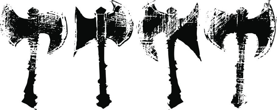Grunge battle axe silhouettes set four vintage medieval weapons with distressed textures