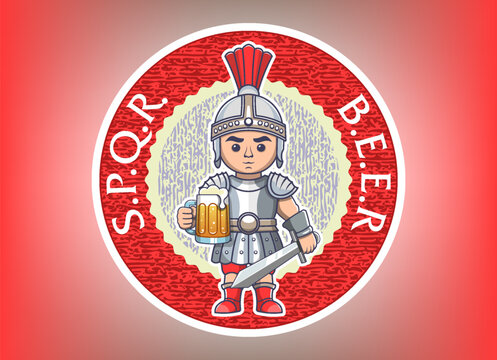 Vector round sticker. Cartoon ancient roman warrior in armor with sword, mug of beer. Coaster for bottle or glass. Beery intoxicating drink. Toon comical funny soldier toy legionnaire. Decal, badge