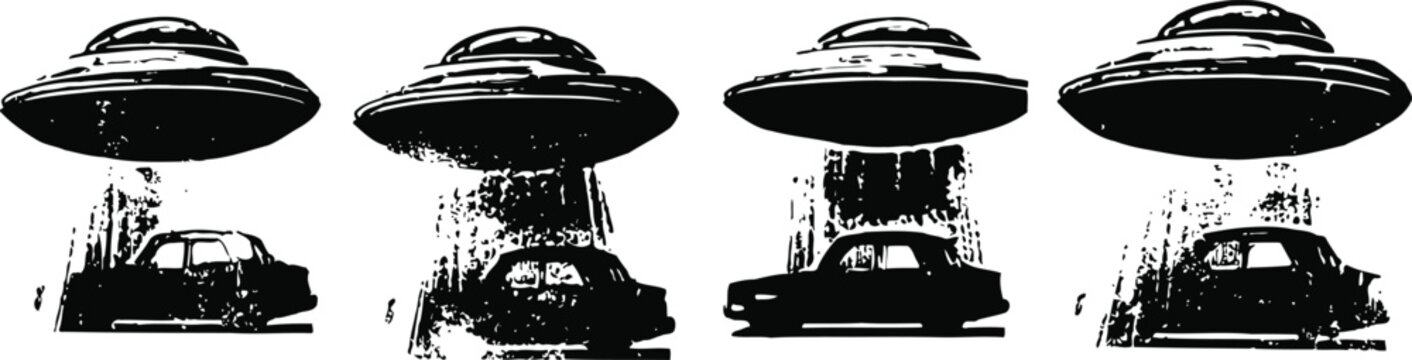 black and white silhouette of ufo abducting a car with beam of light, extraterrestrial concept