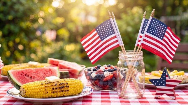 American Fourth of July celebration with grilled corn on the cob, fresh watermelon slices, summer berry salad, and small United States flags on a red picnic table