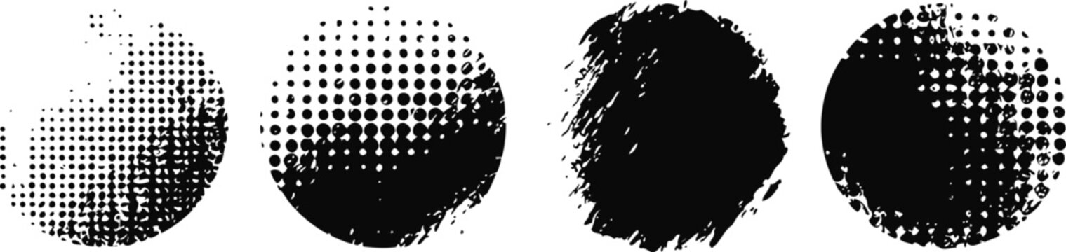 four black halftone circle textures with varying dot patterns and distressed effects