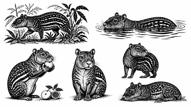 Paca Paca animal set in vintage ink drawing style