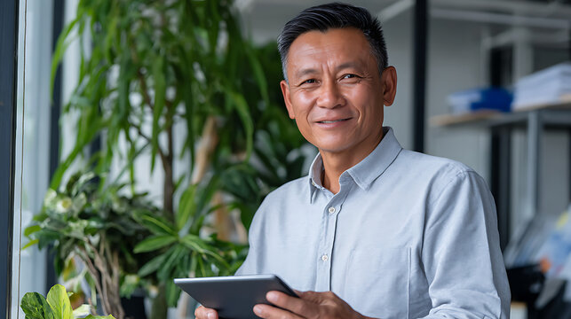 senior professional man smiling while working on a tablet in a modern office