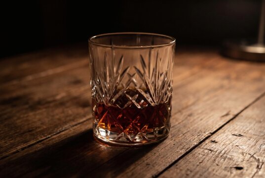 Crystal glass of whiskey neat on rustic wooden table in dramatic dark lighting, premium alcohol and bar concept