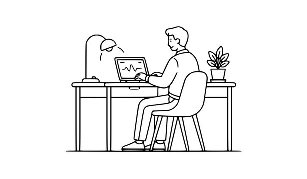 Young Man Working on Laptop at Desk Home Office Continuous Line Drawing Vector Illustration