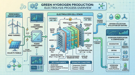 Naklejka premium Diagram shows green hydrogen production process using electrolysis with energy input from wind turbines and solar panels