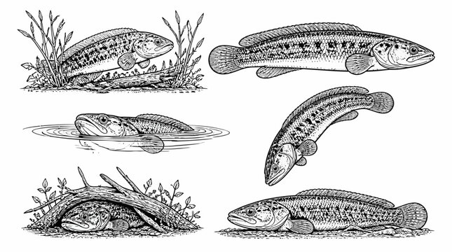 Snakehead fish set, black and white ink sketch, wildlife illustration