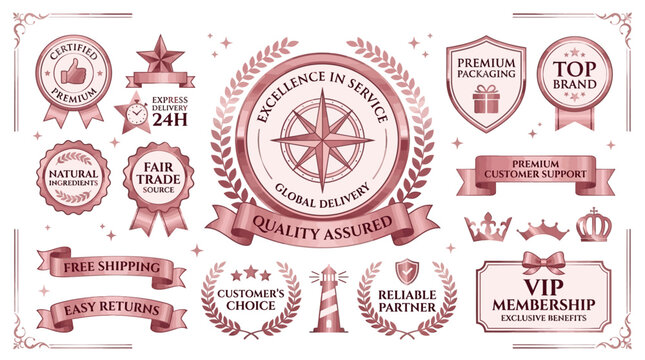 Comprehensive vector collection of premium quality assurance badges and excellent service emblems for global delivery business