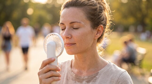 Sweaty young woman relaxing in a park while cooling her face with a small white handheld electric fan during a hot sunny summer day outdoors