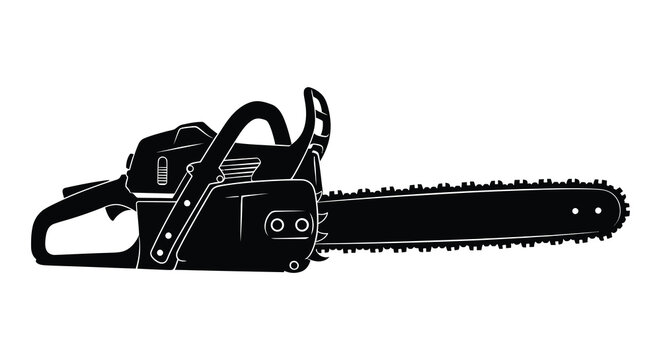 Chainsaw illustration in black and white detailed silhouette power tool cutting blade