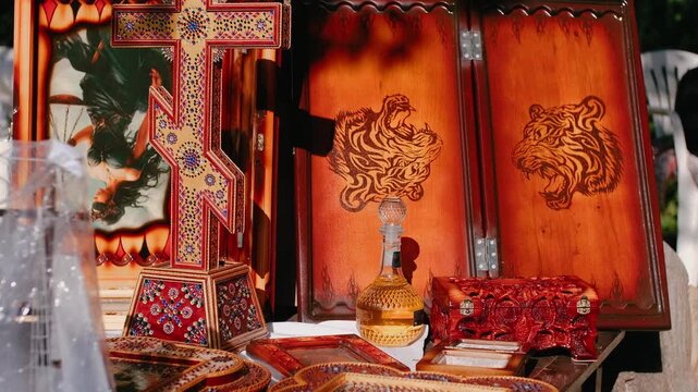Ornate Wooden Orthodox Cross and Handcrafted Backgammon Boards