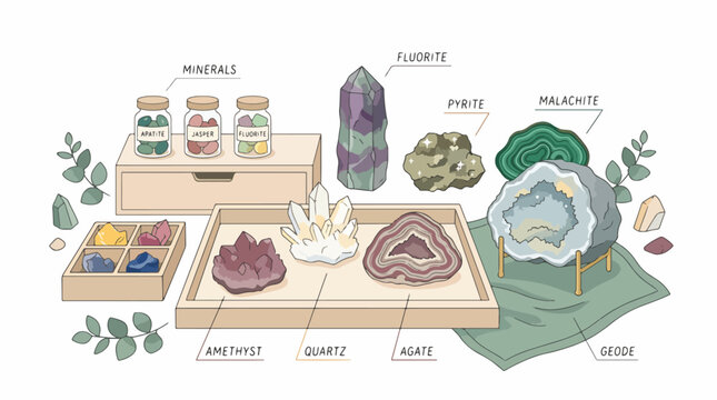 Assorted Crystals Minerals and Gemstones Collection Display.